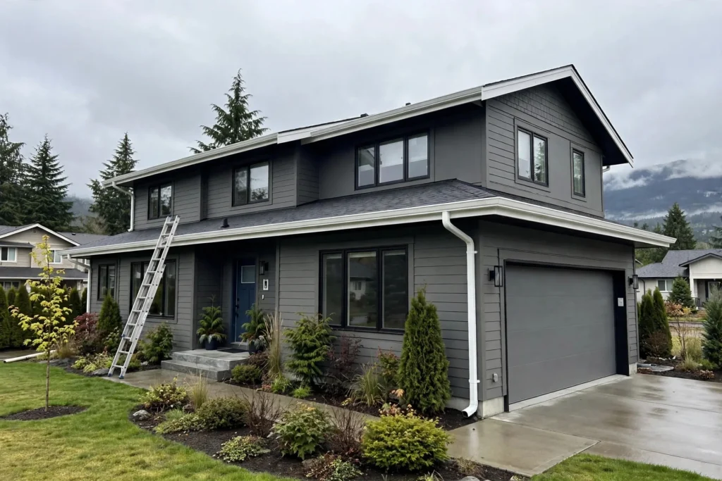 gutter replacement cost BC — new seamless aluminum gutters installed along the roofline of a BC home