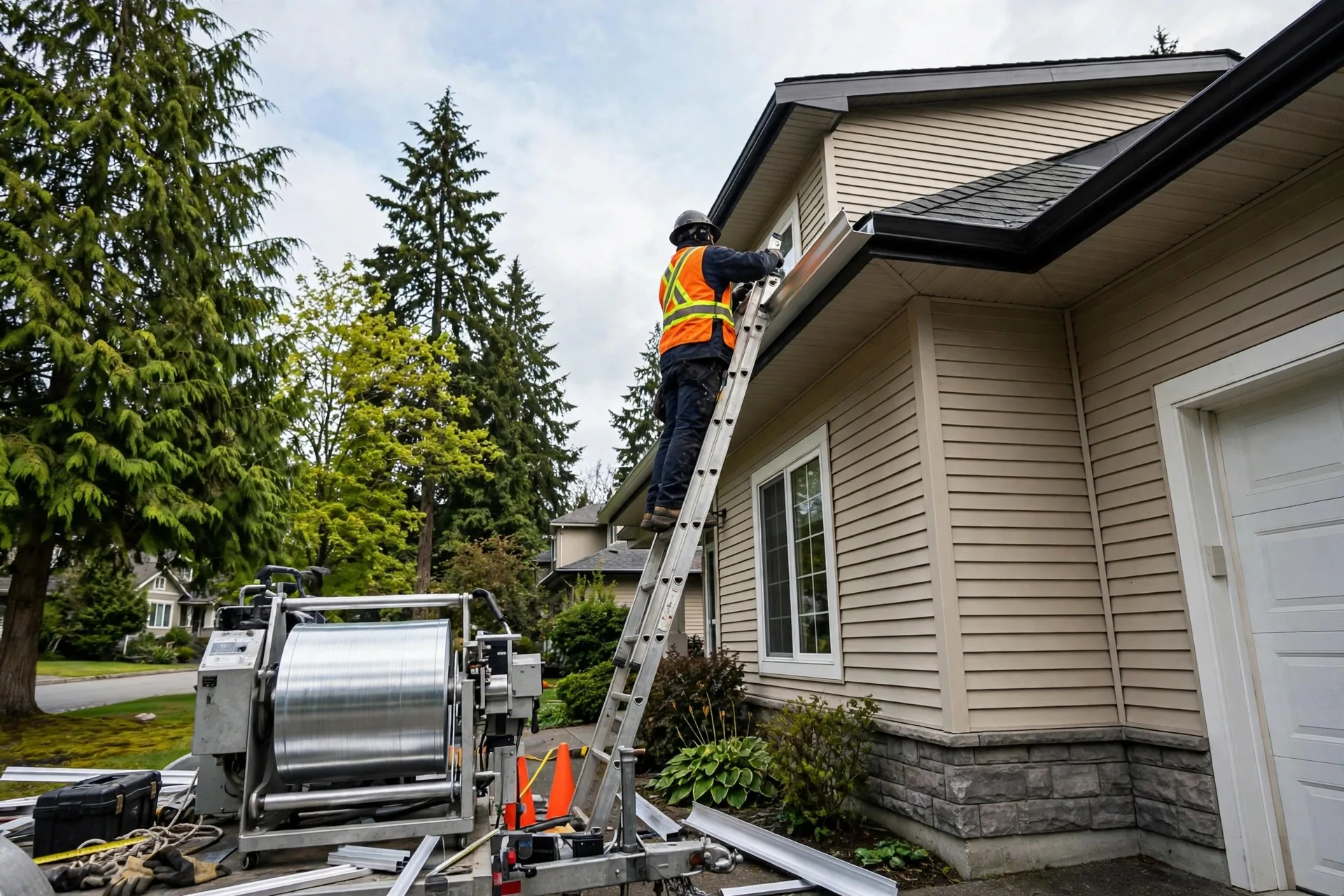 Seamless aluminum gutters being installed on a BC home