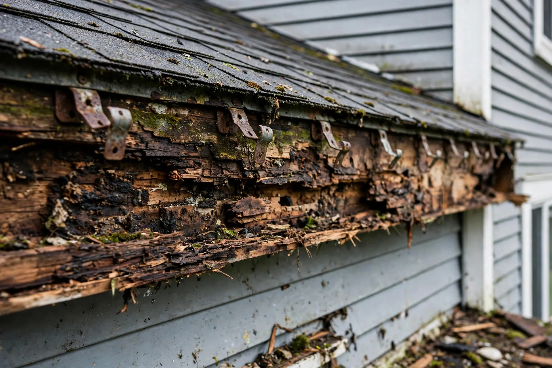Rotted fascia board exposed behind an old gutter on a BC home