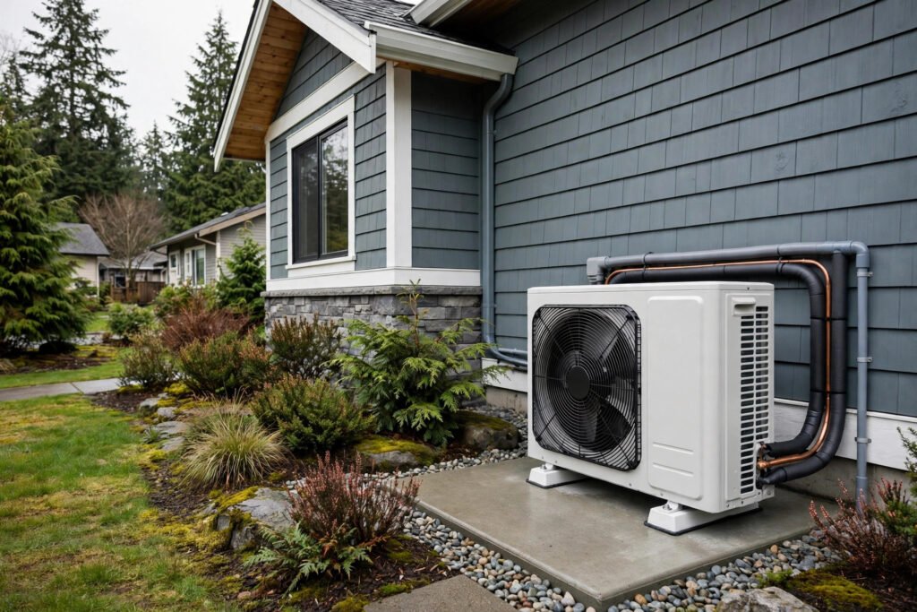 heat pump installation cost BC — ductless heat pump outdoor unit installed beside a BC home