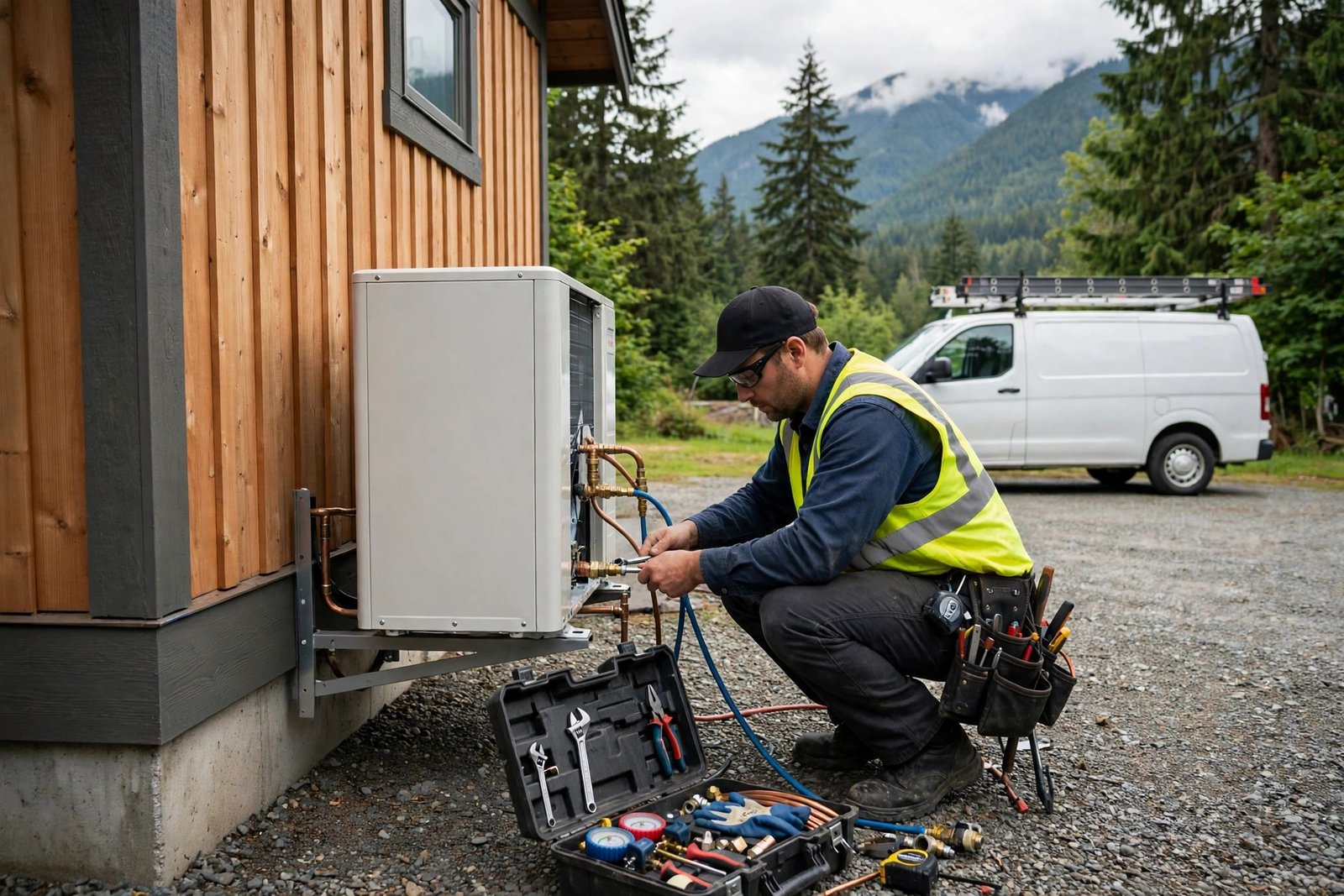 HVAC technician installing a ductless heat pump outdoor unit beside a Fraser Valley home in British Columbia