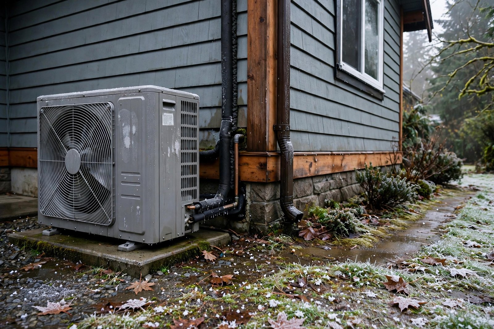 Outdoor air-source heat pump unit mounted beside a suburban BC home in winter