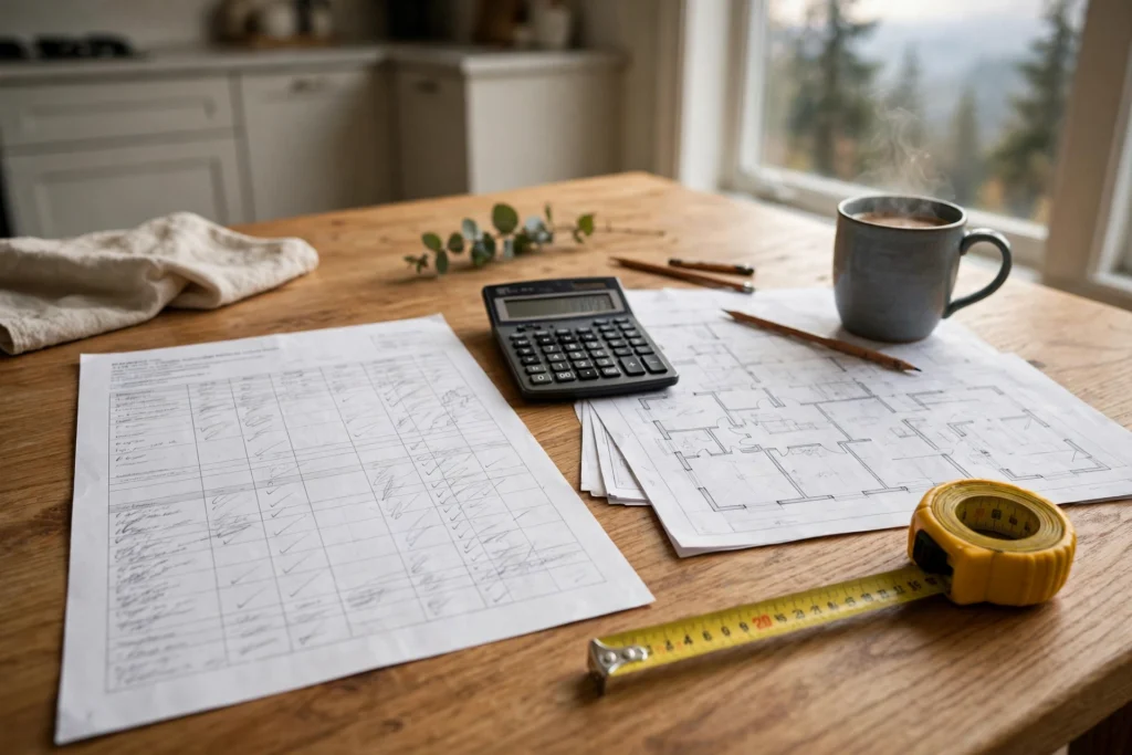 home renovation budget planning guide BC — renovation budget worksheet, calculator and floor plan on a kitchen table