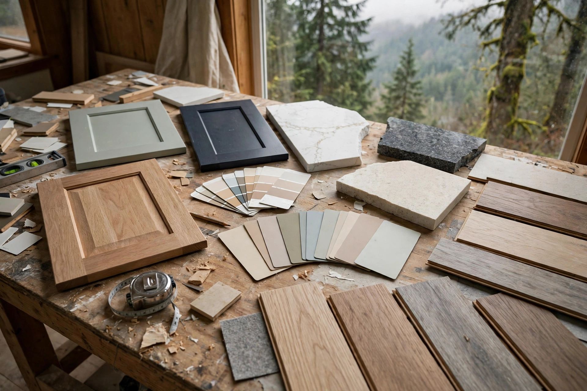 Homeowner working through a home renovation budget worksheet at a kitchen table in Abbotsford