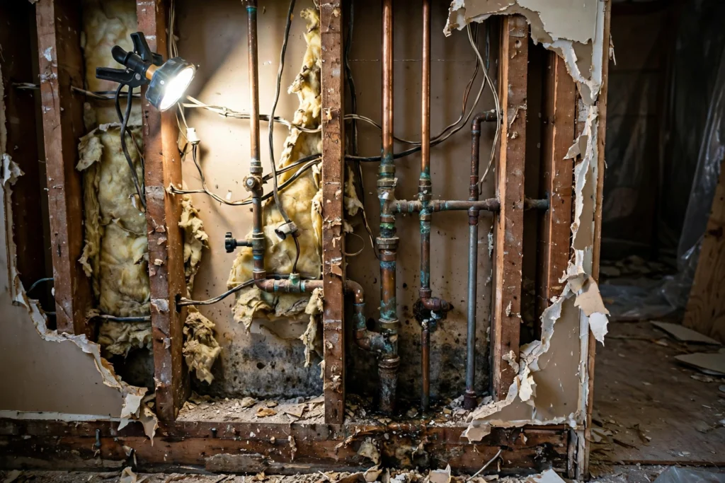 Opened wall during a BC renovation showing older wiring and plumbing hidden inside