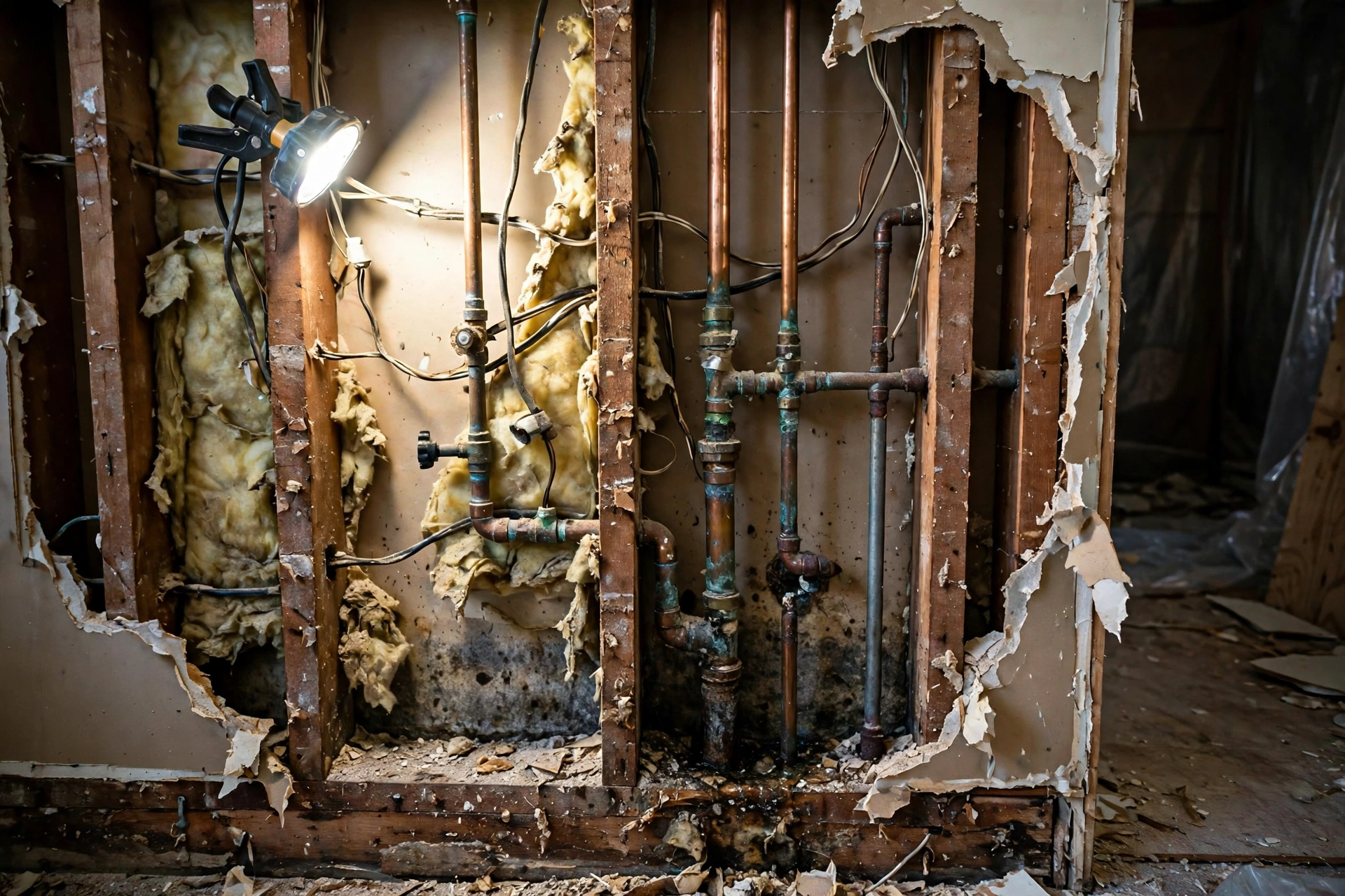 Opened wall during a BC renovation showing older wiring and plumbing hidden inside
