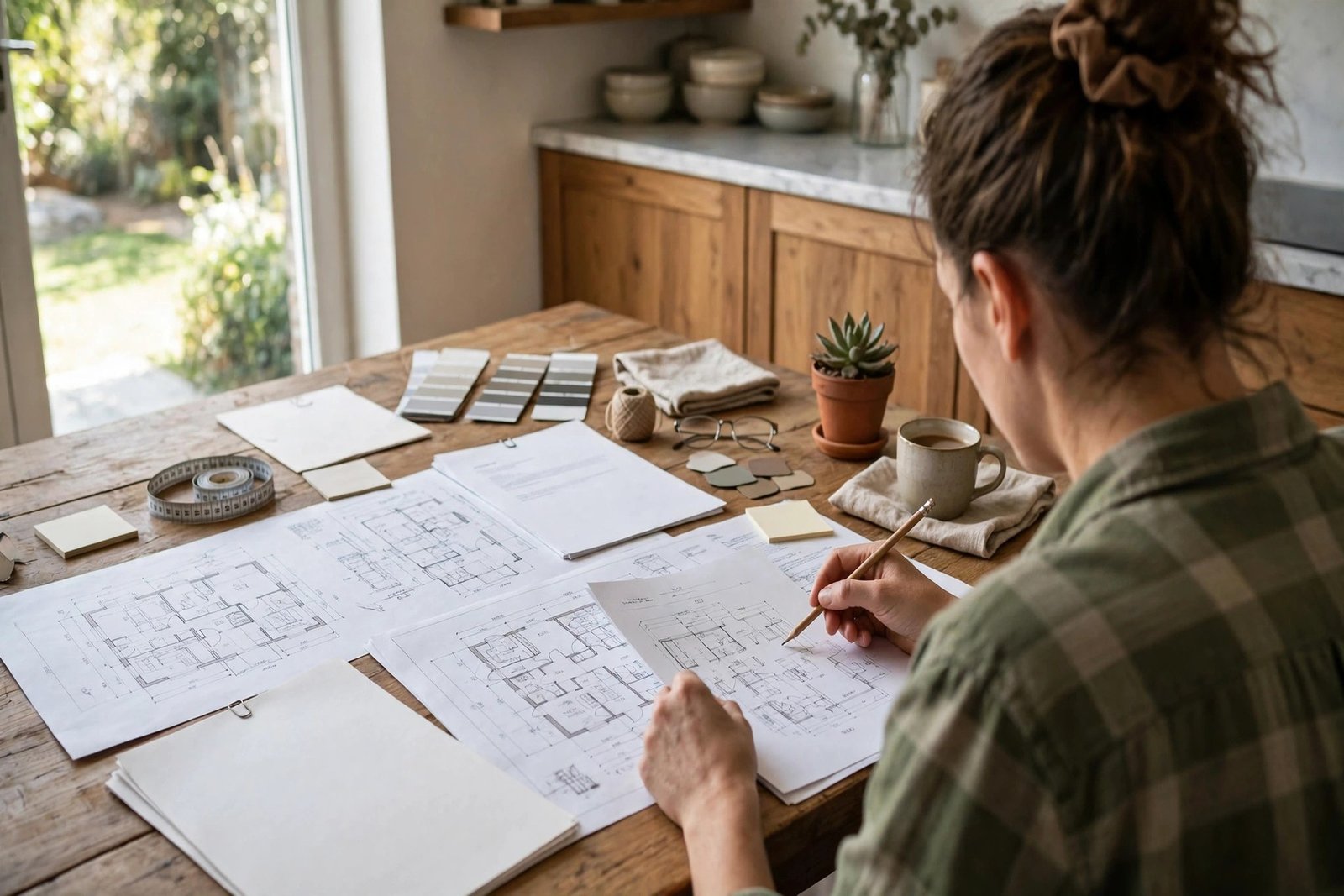 homeowner reviewing a renovation contract clause by clause at a kitchen table with house plans