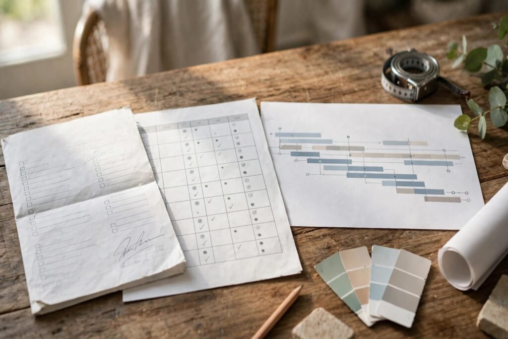 signed home renovation contract next to a payment schedule and project timeline on a table