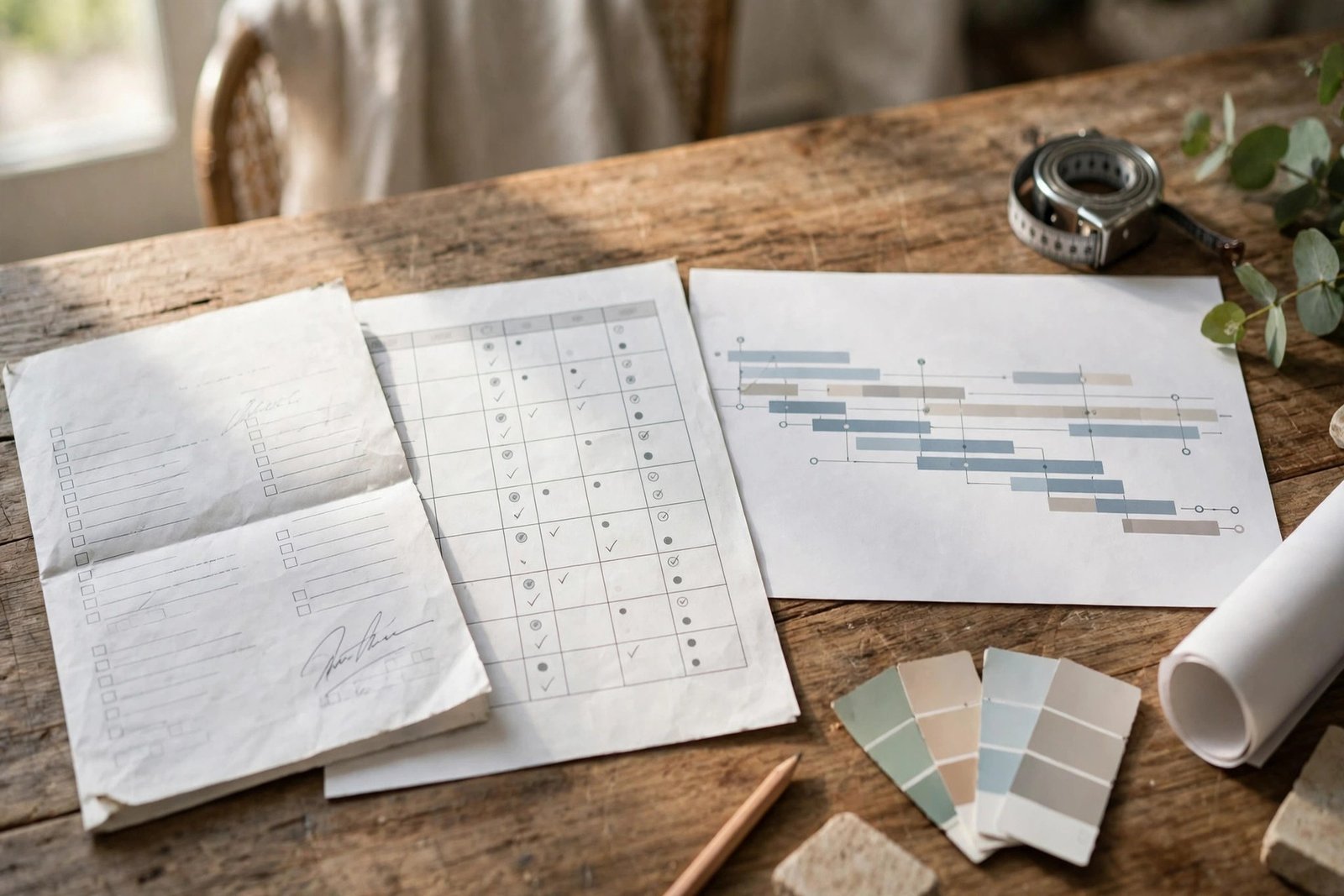 signed home renovation contract next to a payment schedule and project timeline on a table