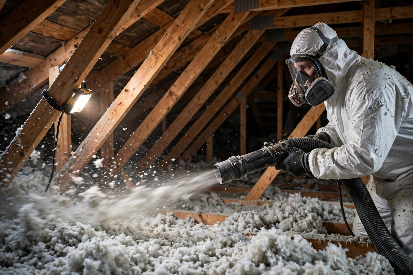 worker installing insulation in a BC home attic for an energy rebate upgrade