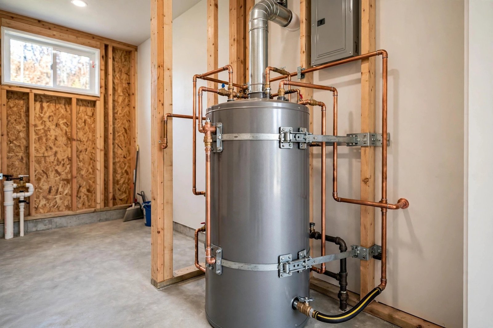 New gas hot water tank installed with seismic strapping in a BC home