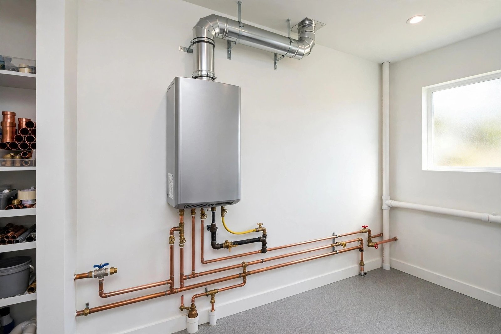Wall-mounted tankless water heater with new venting and gas line