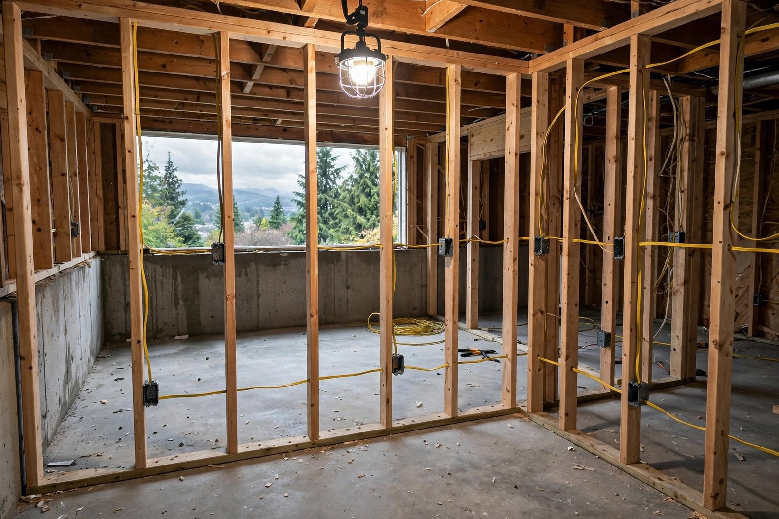 Basement under construction with exposed joists, wood framing and electrical wiring, before insulation and drywall