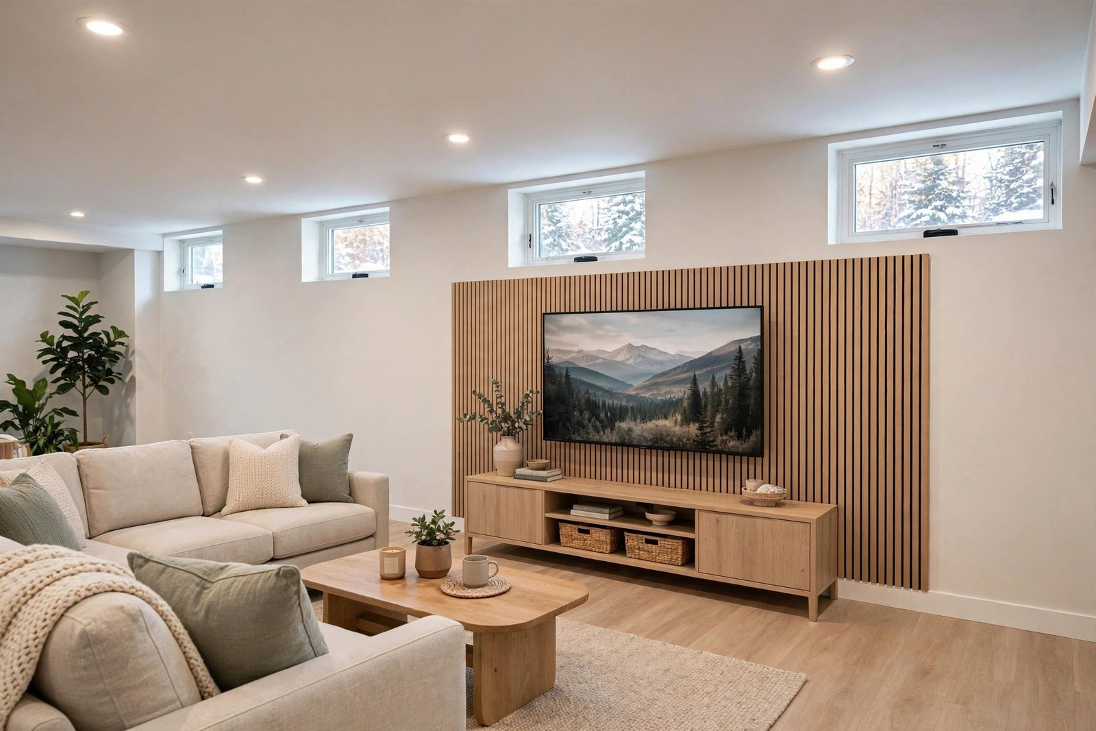 Finished basement living room in Abbotsford BC completed after a ten week renovation