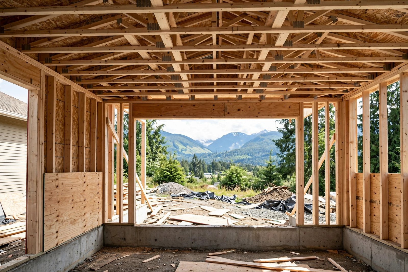 Framing stage of a ground floor home addition in the Fraser Valley