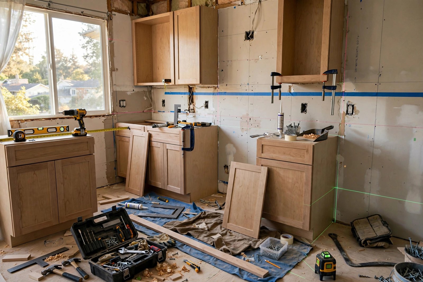 kitchen renovation in progress with new cabinets being installed in an Abbotsford home