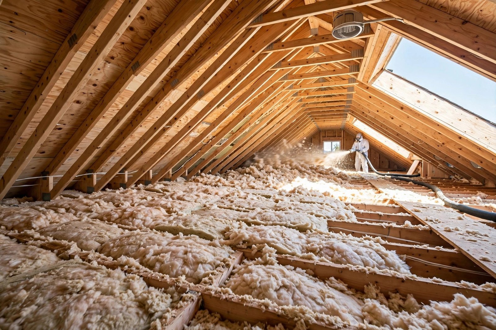Blown-in attic insulation being topped up to R-50 depth in a BC home