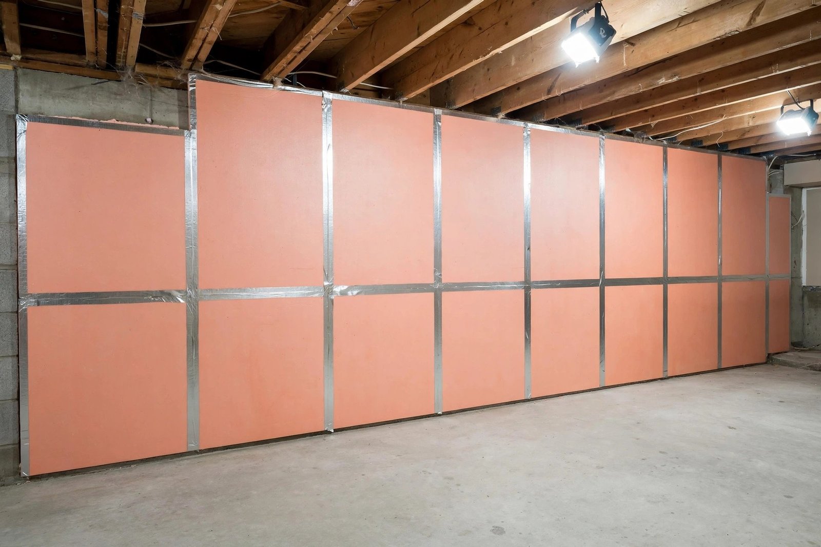 Rigid foam board insulation installed on a basement foundation wall
