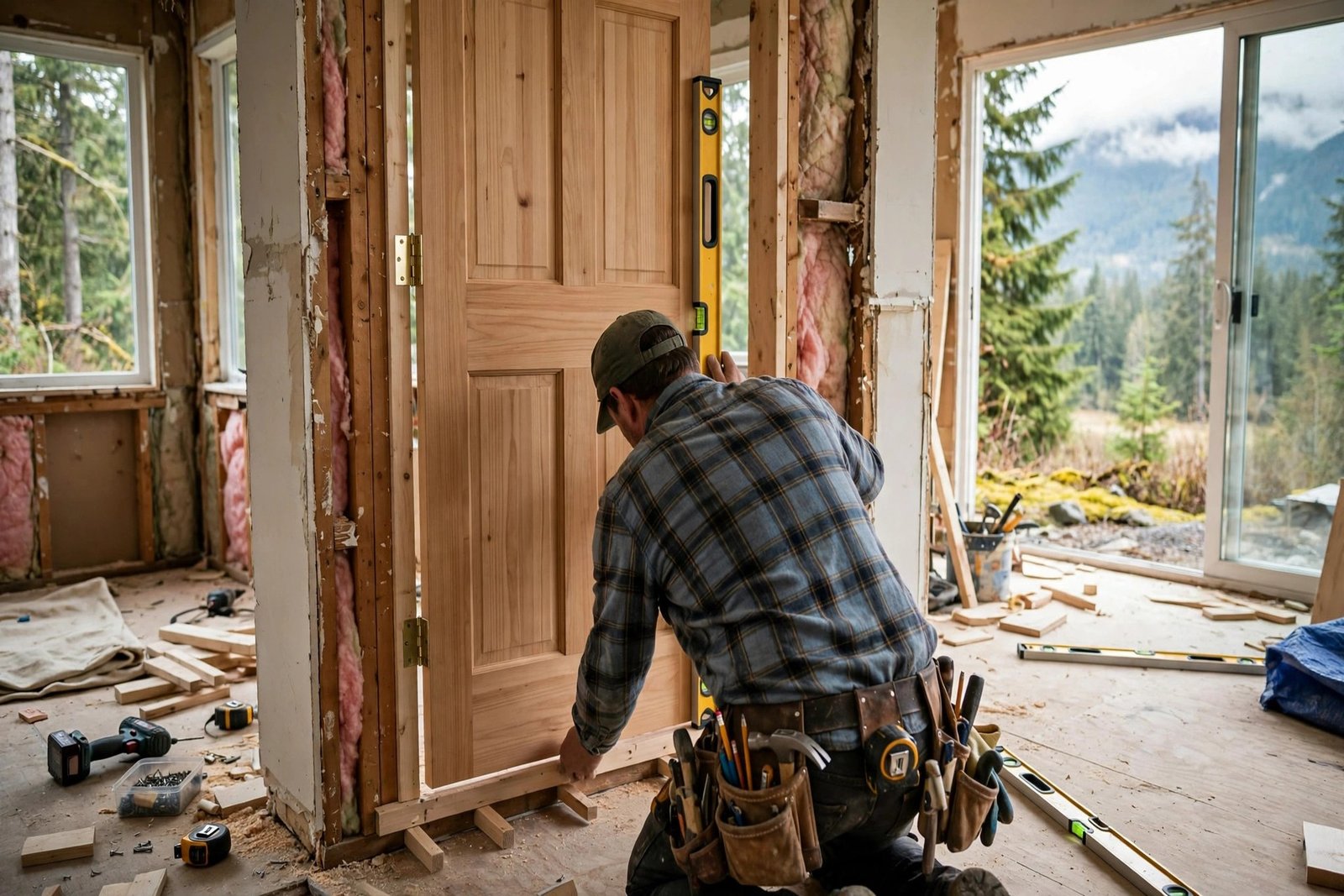 carpenter installing a pre-hung interior door frame levelled into a rough opening in a BC home