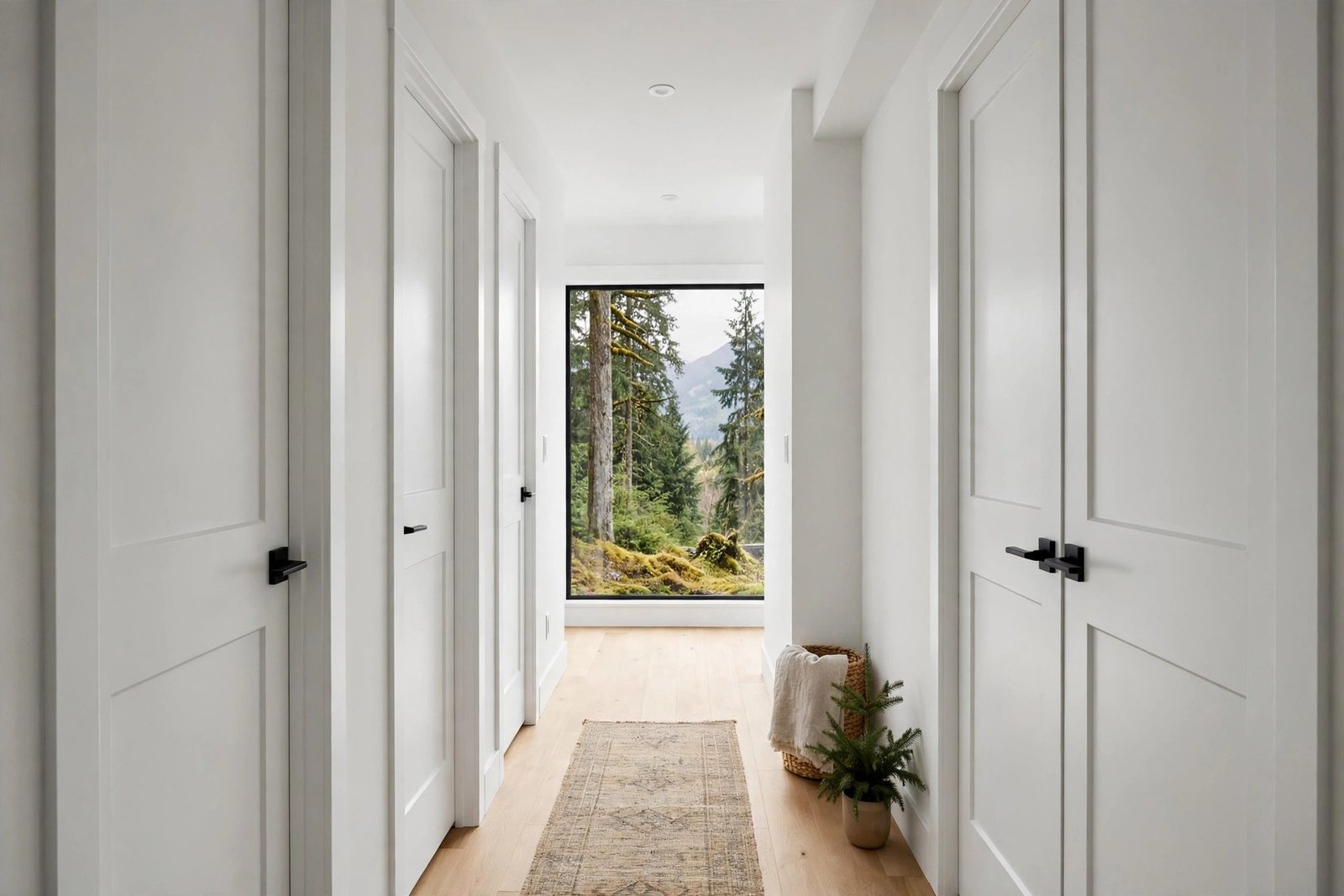 hallway with new solid-core panel interior doors, fresh white paint and new casing trim in a renovated BC home