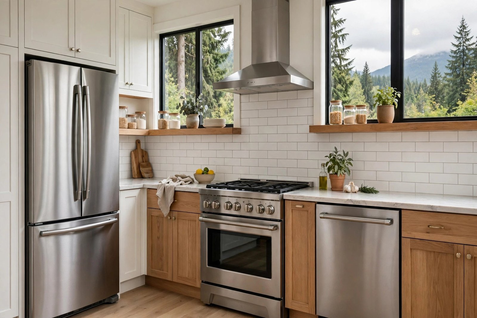 stainless steel appliance package with French-door fridge, slide-in range and dishwasher in a renovated BC kitchen