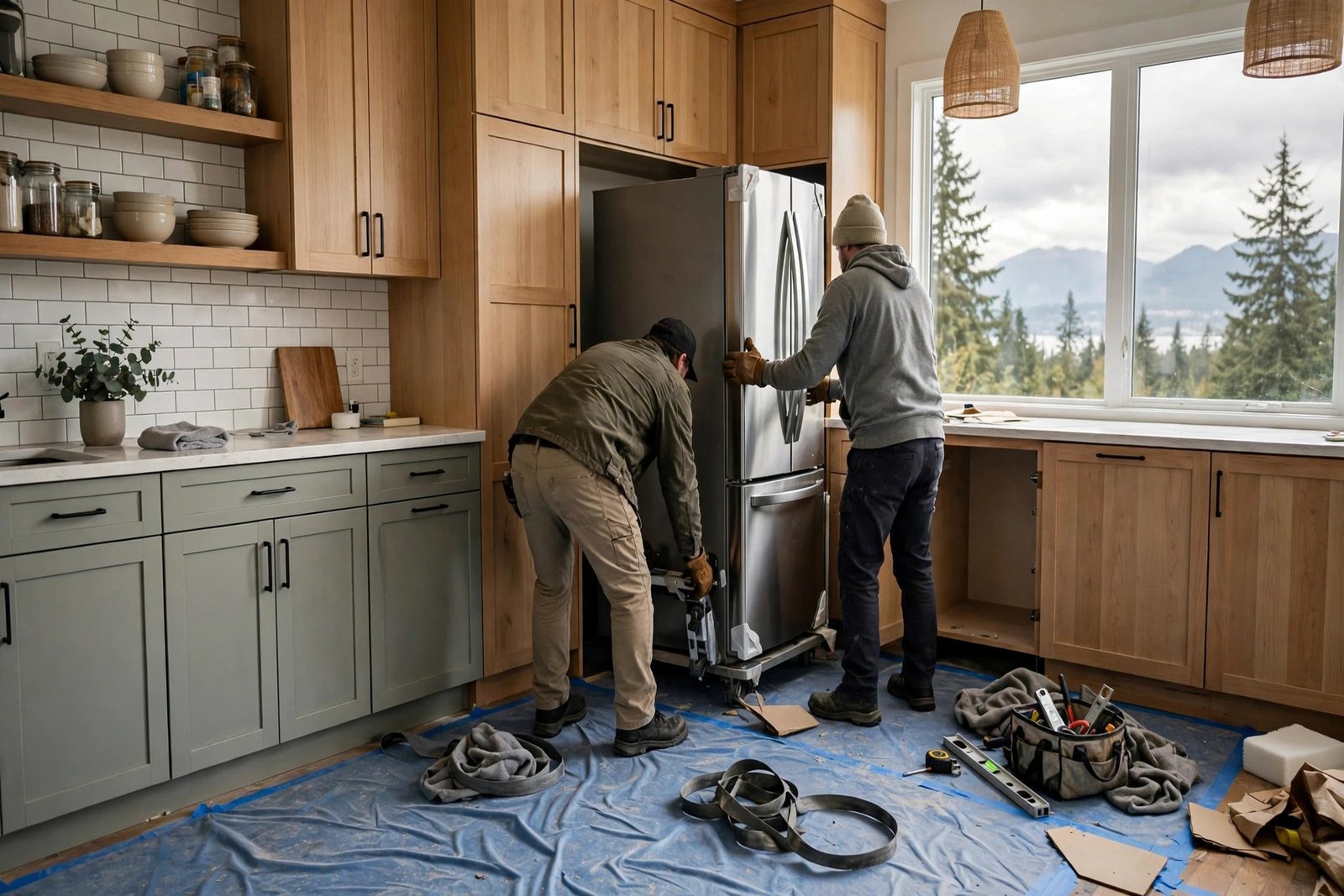 delivery crew installing a stainless steel refrigerator in a BC kitchen with protective floor coverings down