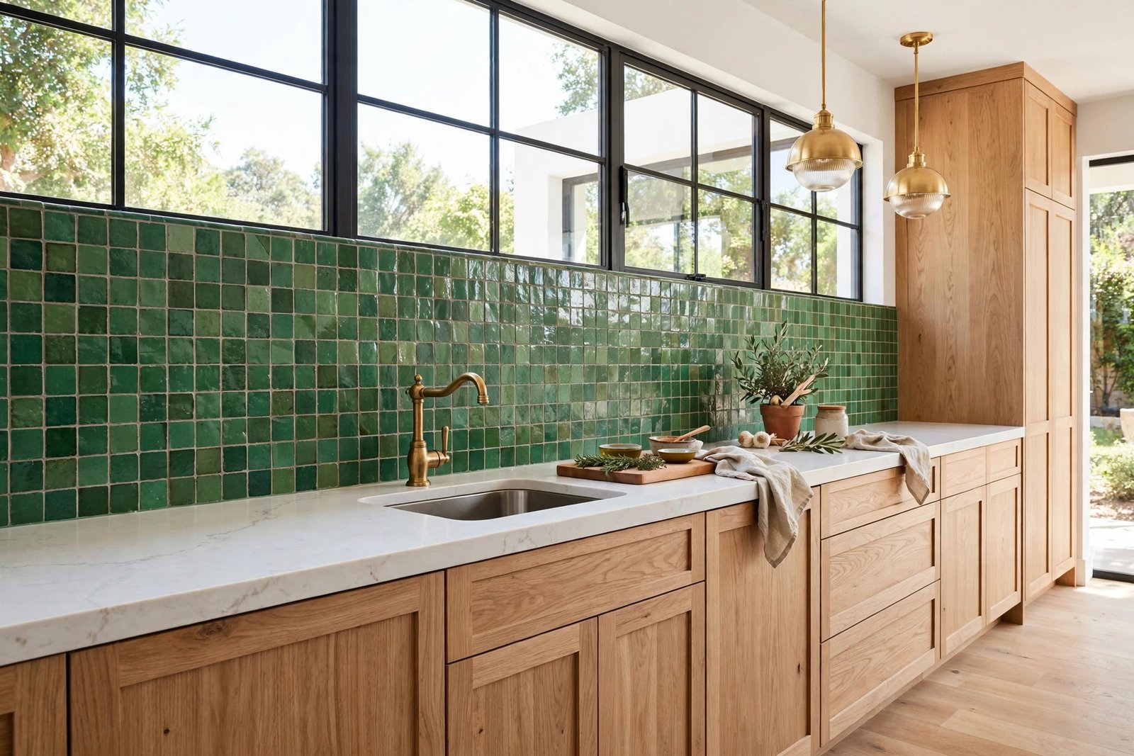 Kitchen with green handmade-look tile backsplash, warm wood cabinets and stone countertops
