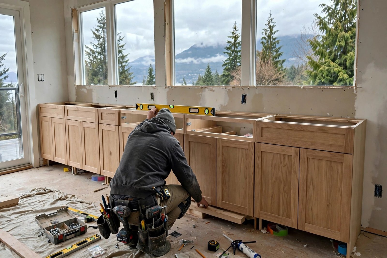 installer fitting new shaker style kitchen cabinets in a BC home, base cabinets levelled along the wall