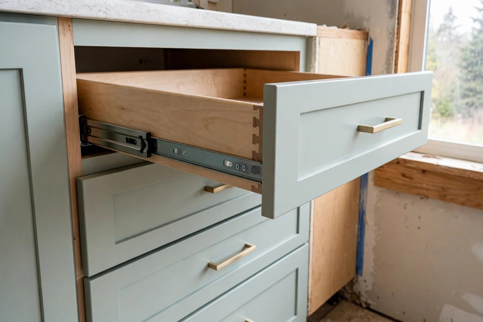 close view of new kitchen cabinet drawer bank with soft-close hardware and dovetailed drawers in a BC renovation