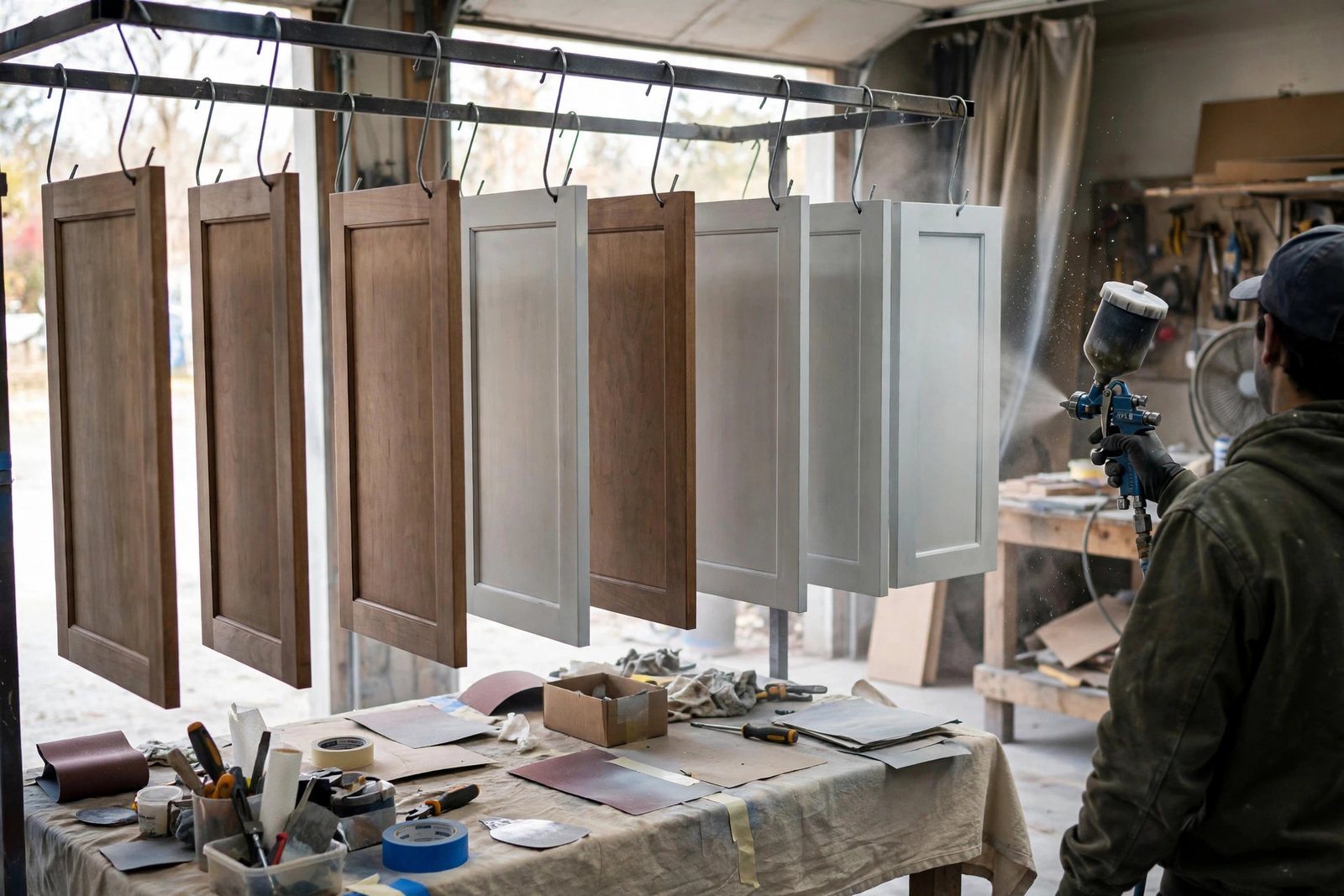 cabinet doors being sprayed with an HVLP sprayer in a workshop