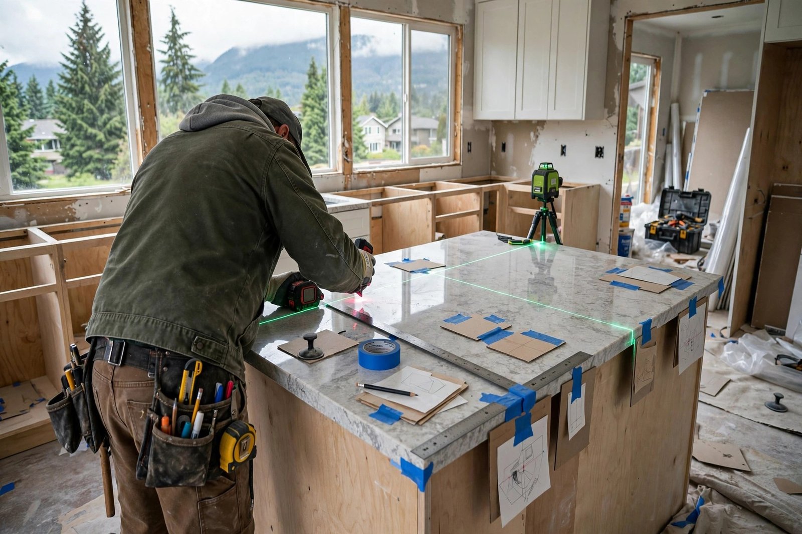 stone fabricator templating a quartz countertop with laser measuring tools in a BC kitchen renovation