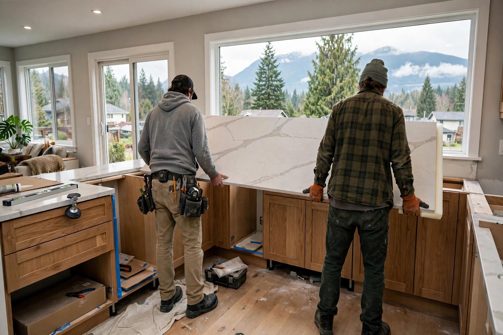 installers setting a quartz countertop slab onto new kitchen cabinets in a BC home