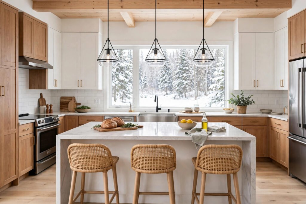 kitchen island installation cost BC — renovated kitchen with a large island, quartz countertop and stool seating