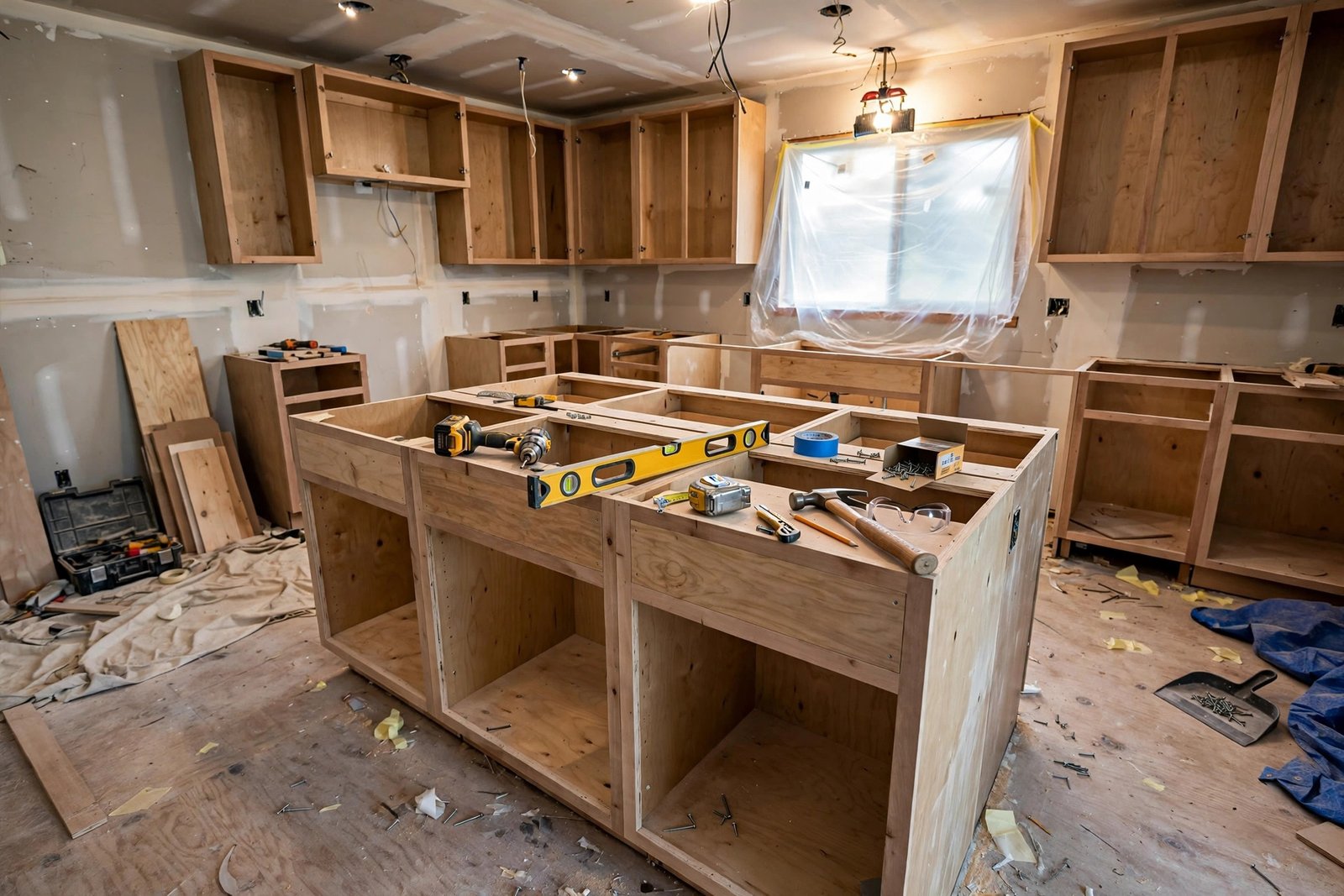 kitchen island cabinets being installed during a kitchen renovation in a BC home