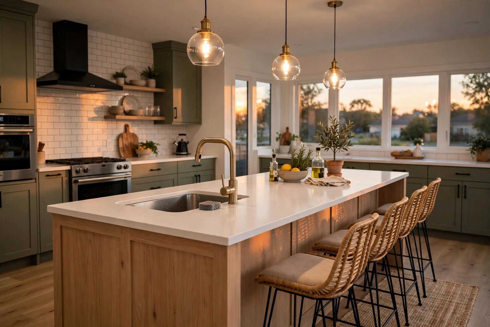 finished kitchen island with sink, pendant lights and seating in a renovated BC kitchen