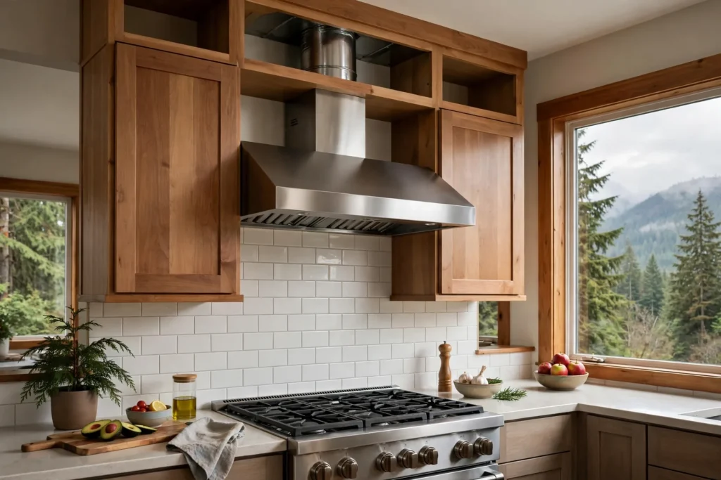 range hood installation cost BC — stainless steel range hood vented through cabinets in a BC kitchen