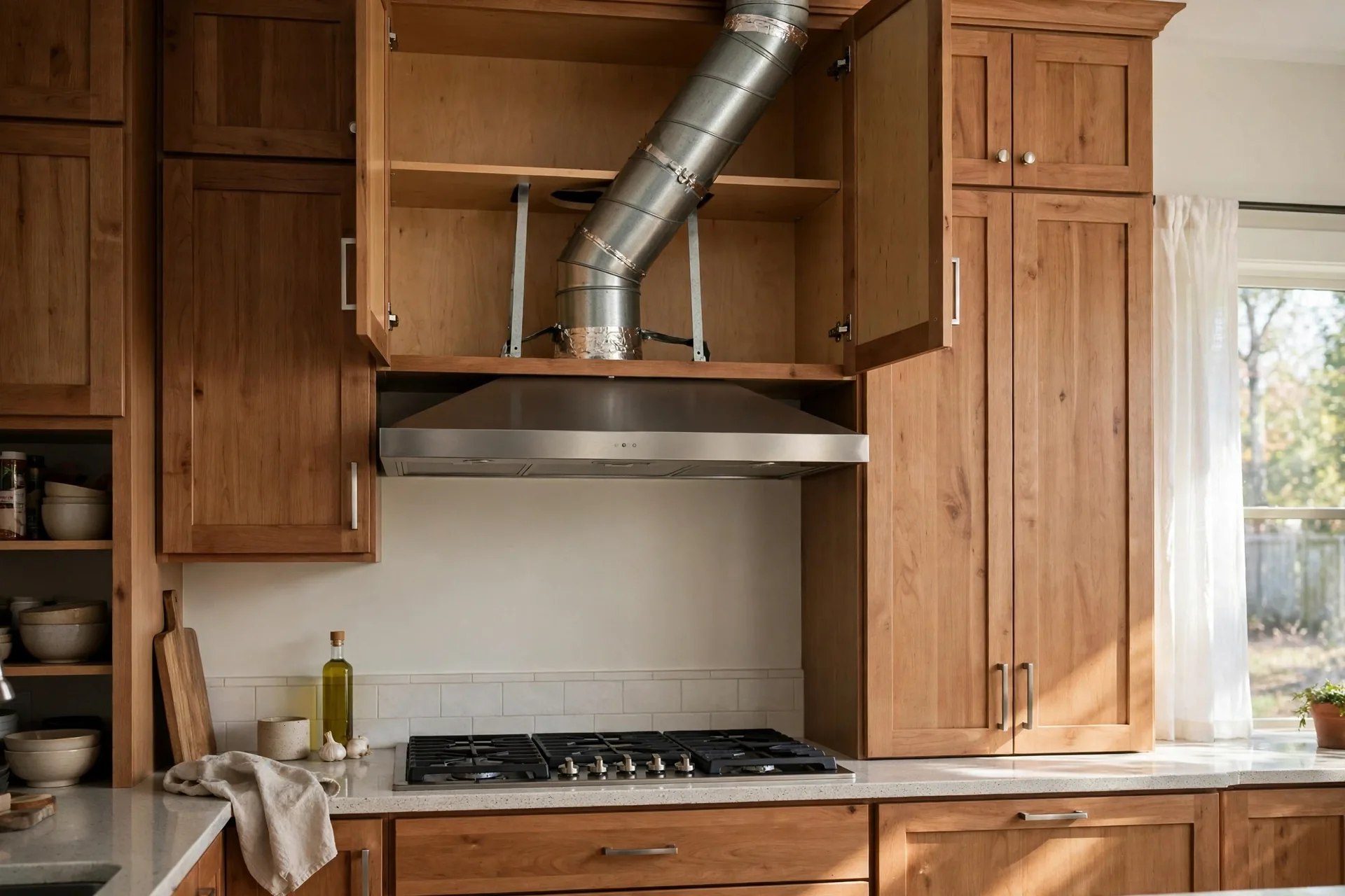 stainless steel ducted range hood installation in a BC kitchen with cabinetry and tile backsplash during renovation