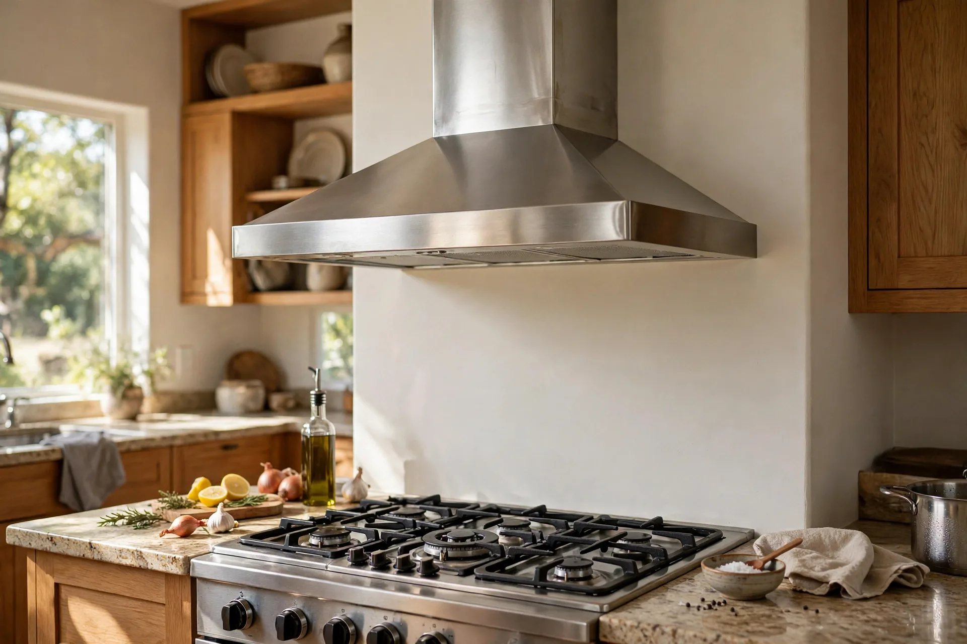 island range hood with stainless chimney ducted through the ceiling in a renovated BC kitchen