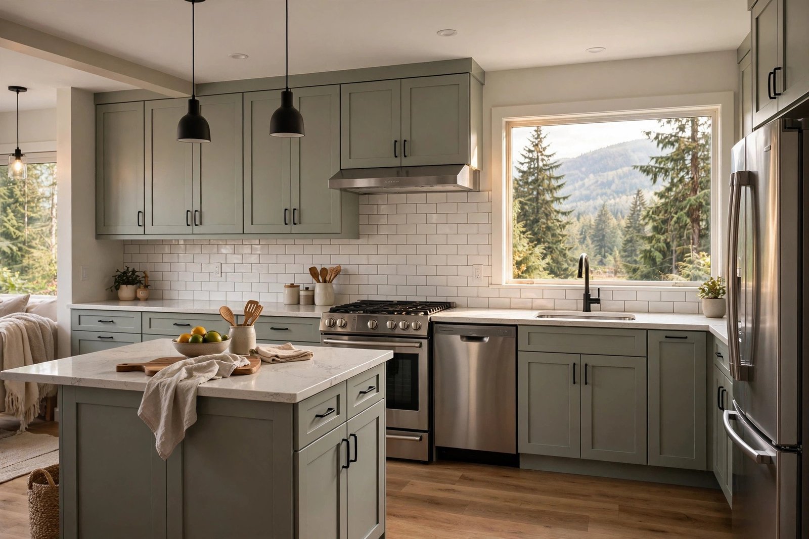 Mid-range renovated kitchen in Chilliwack BC with shaker cabinets and quartz countertops
