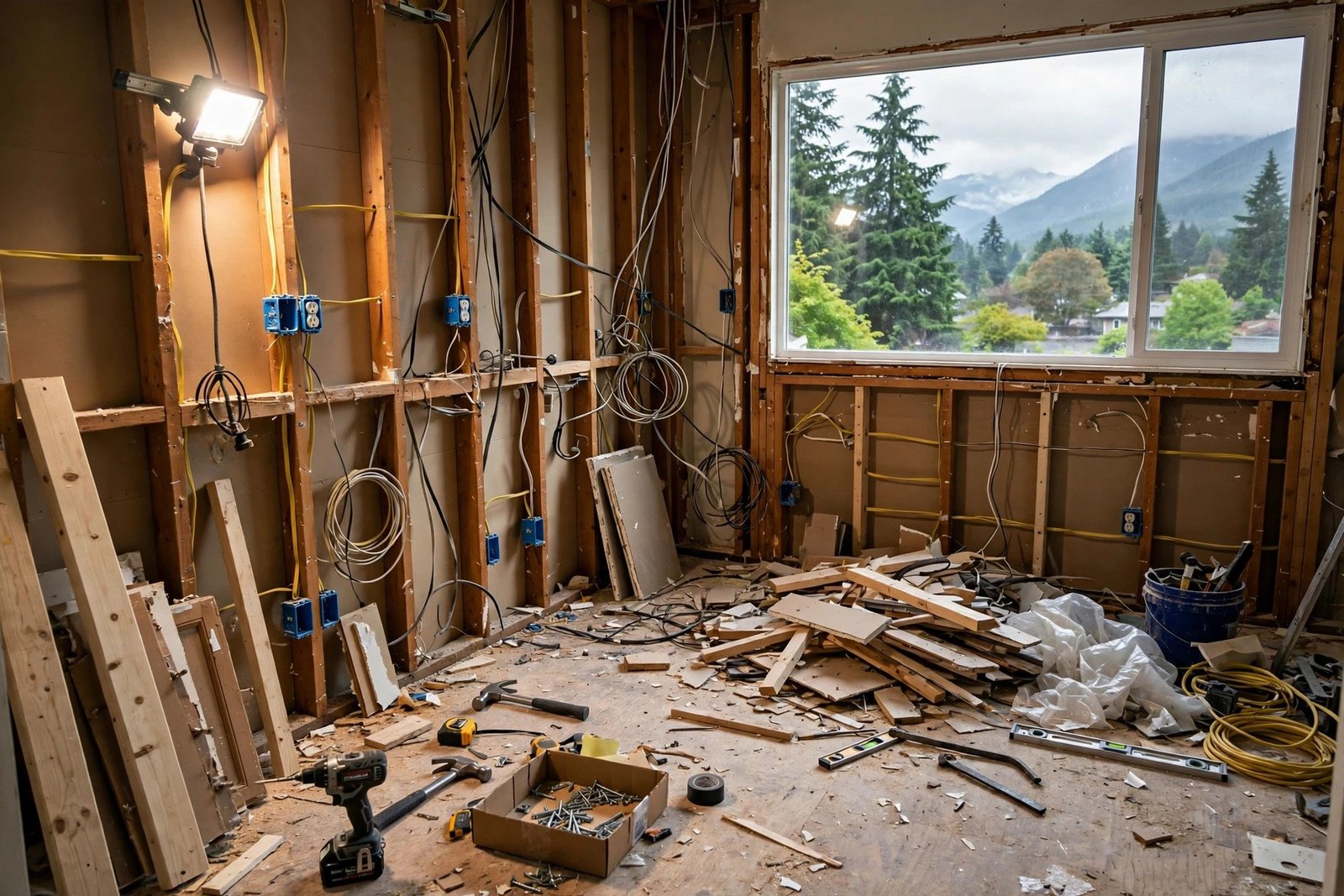 Kitchen renovation under construction in a Chilliwack home with cabinets removed and new electrical roughed in