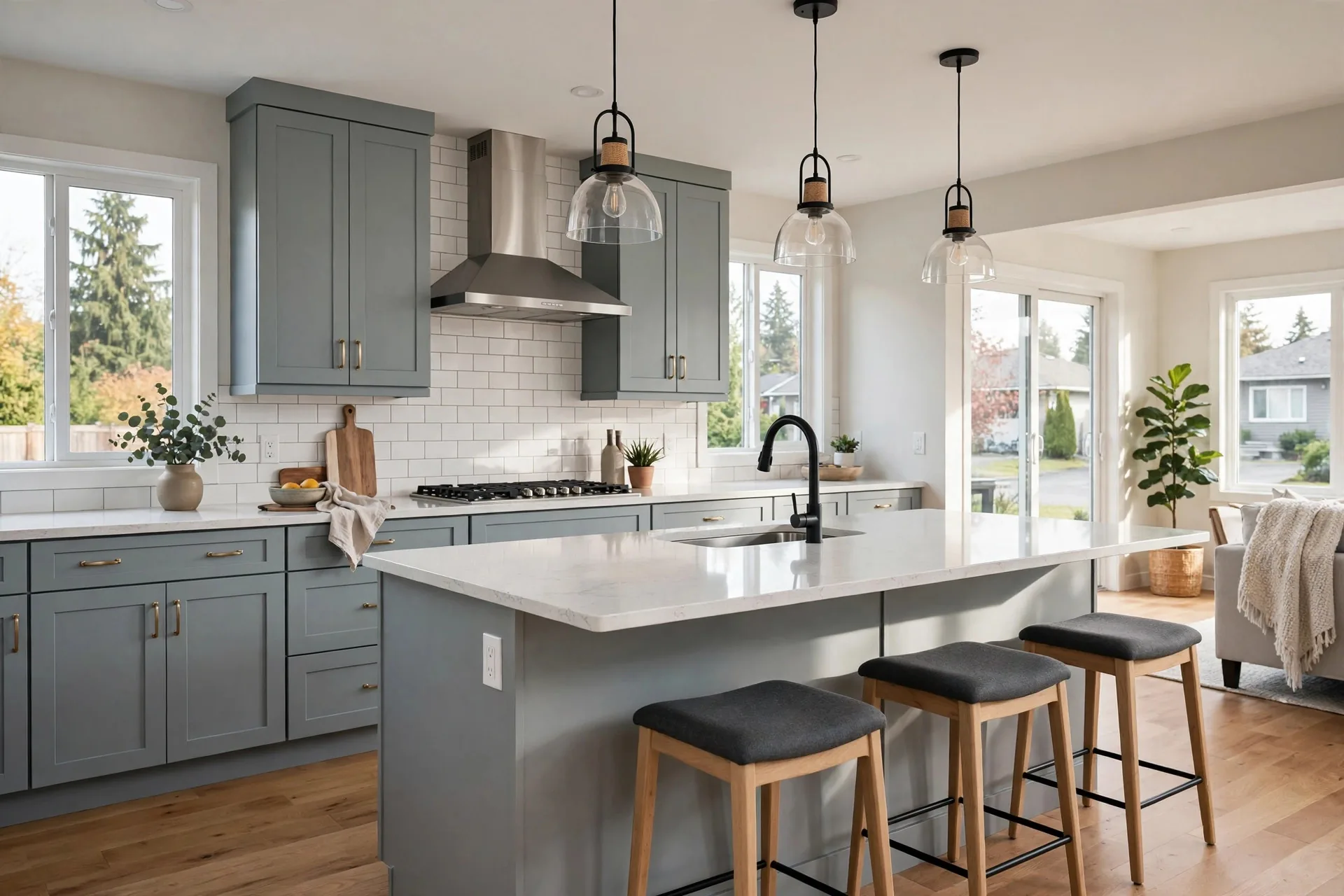 Renovated mid-range kitchen with island in a Delta BC home