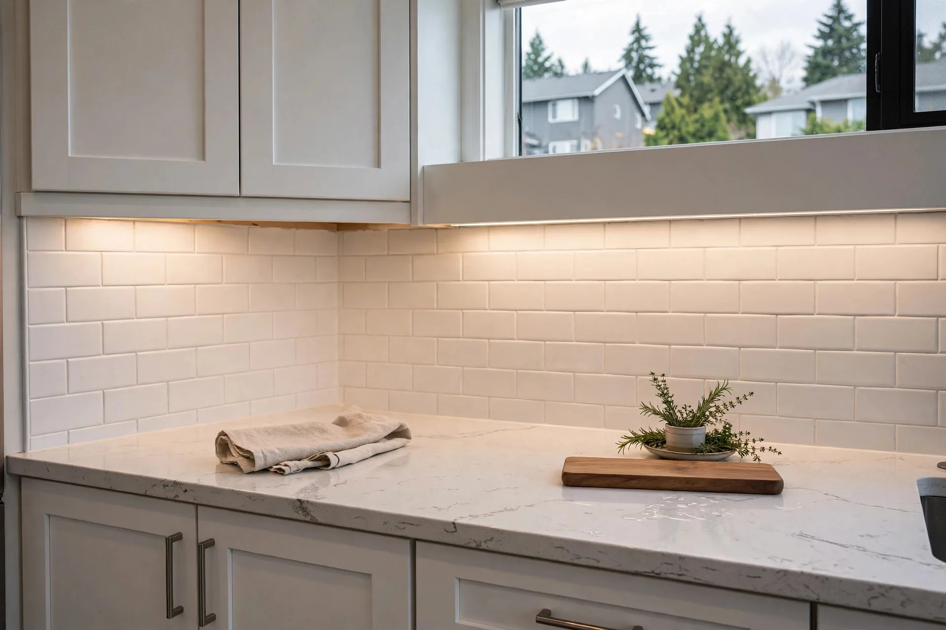 New shaker cabinets and quartz counters in a renovated Delta BC kitchen