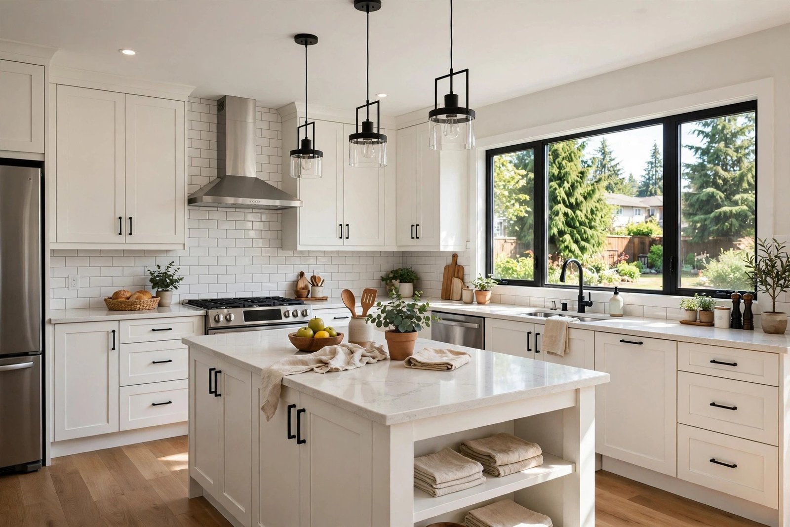 renovated kitchen with shaker cabinets and quartz island in a Langley BC home