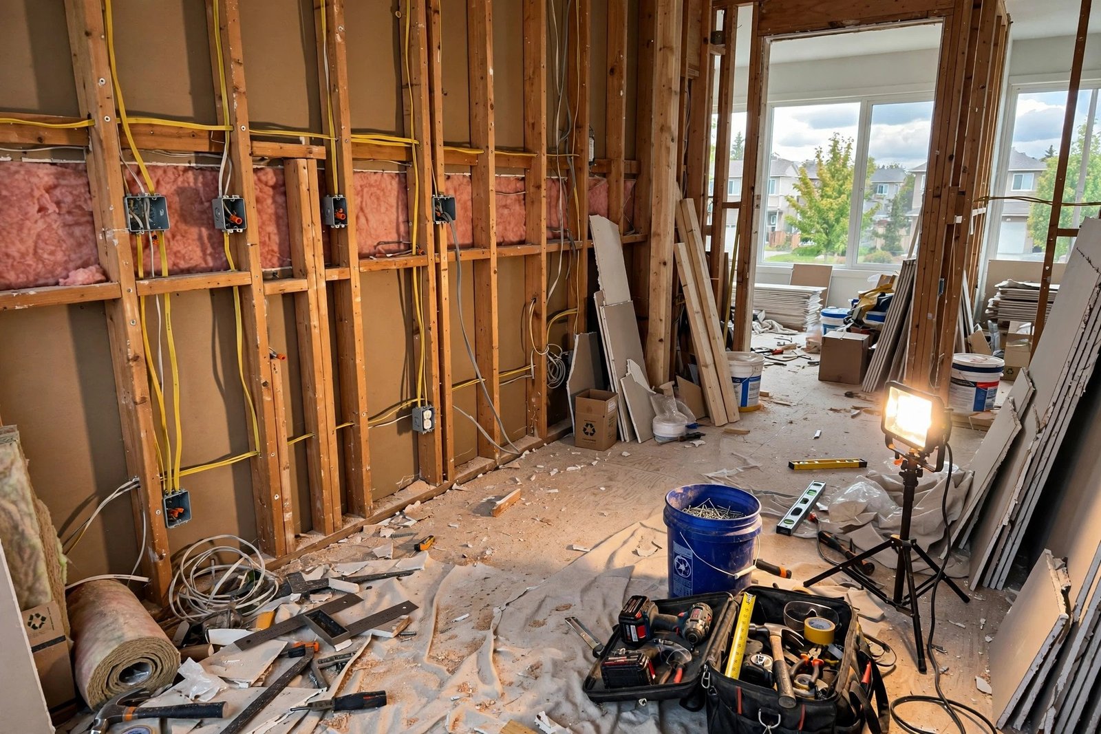 kitchen renovation in progress with cabinets removed and new electrical roughed in
