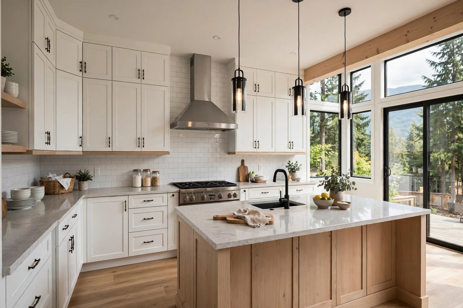renovated kitchen in a Maple Ridge BC home with shaker cabinets, quartz countertops and a large island with pendant lighting
