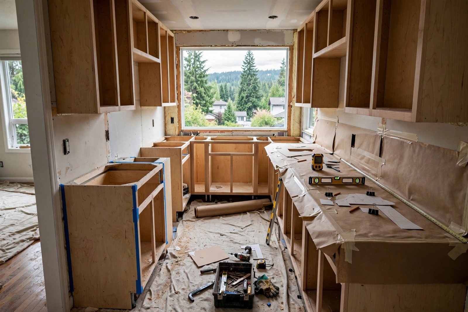 small galley kitchen renovation in progress in a Maple Ridge BC home with new cabinet boxes installed and countertop templating underway