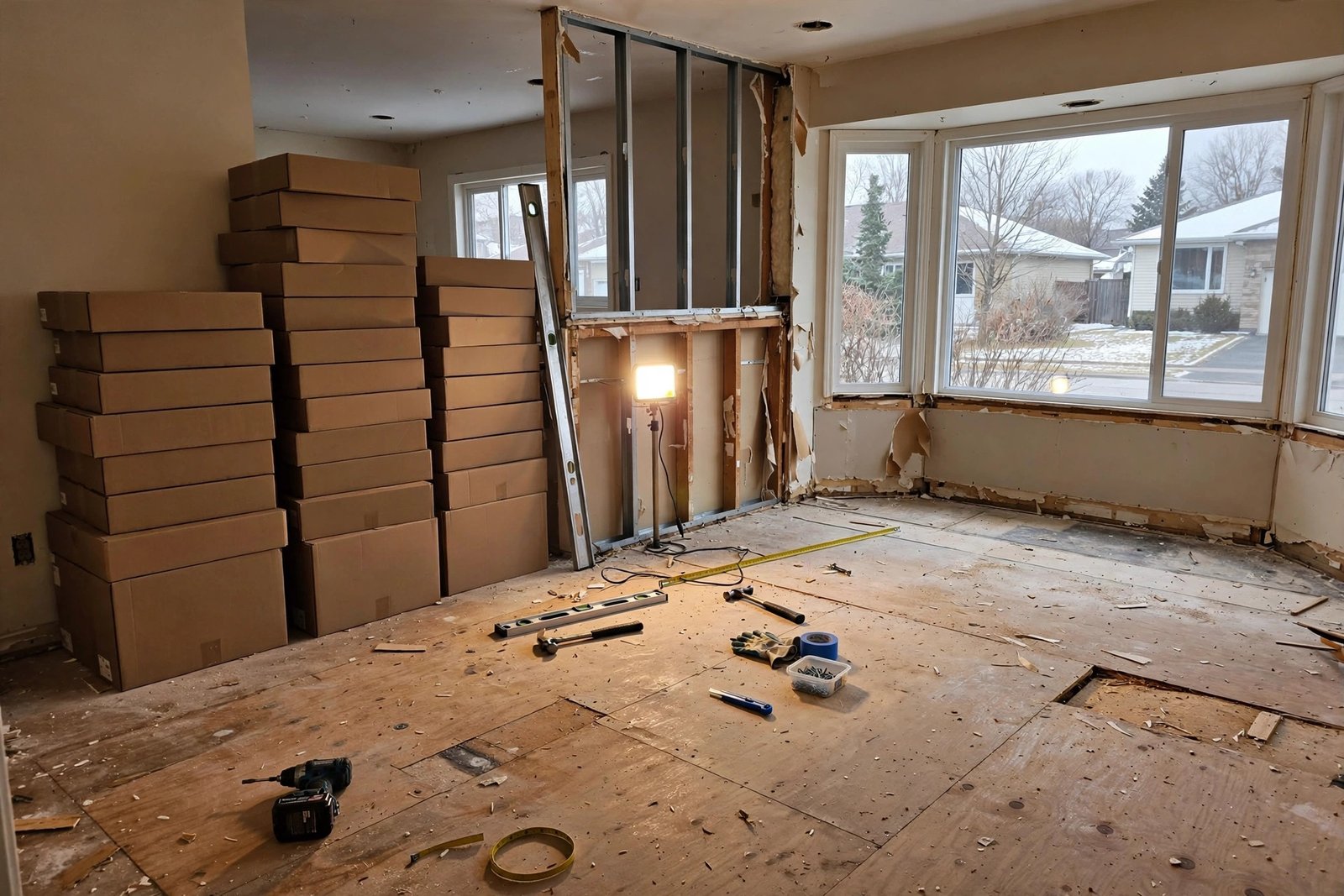 kitchen renovation in progress in a Mission BC home with old cabinets removed and new subfloor exposed