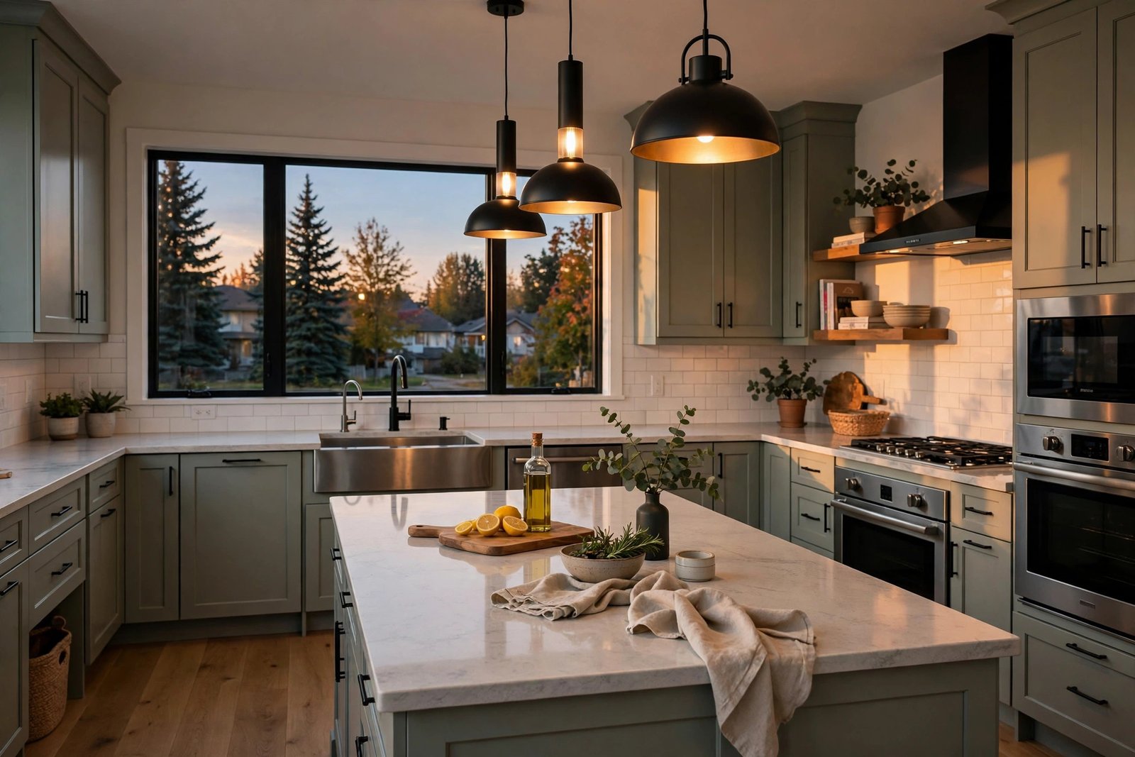 finished renovated kitchen in a Mission BC home with painted cabinets quartz countertops and pendant lighting over an island
