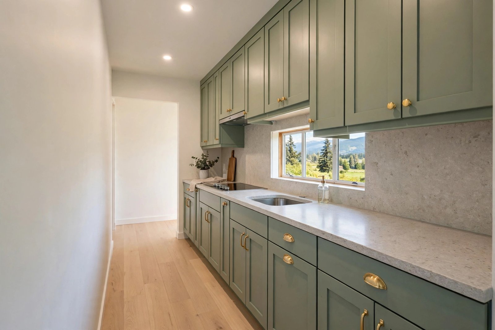 Compact renovated kitchen with full cabinet run and stone counters in a Fraser Valley home