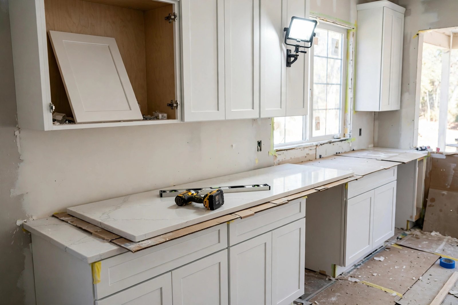 New kitchen cabinets and quartz countertop being installed during a renovation